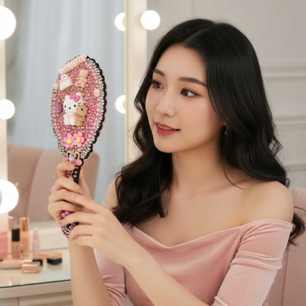 Hello Kitty Handheld Beauty Makeup Mirror Embellished Pink